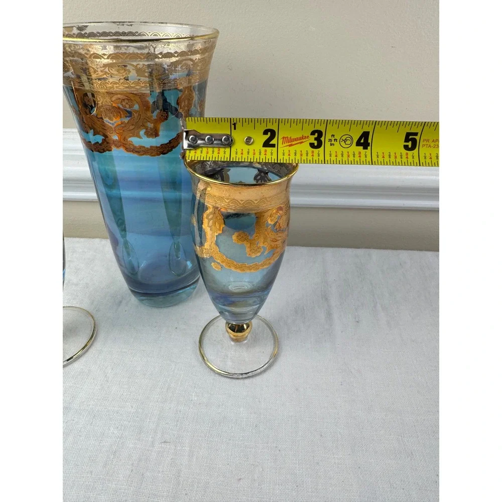 I Preziosi Italy Iridescent Blue Glass Pitcher & 2 Glasses 24K Gold Filigree Set